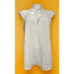 Athleta White Eyelet‎ Dunes Halter Tank Large Back Keyhole Neck Tassel Tie